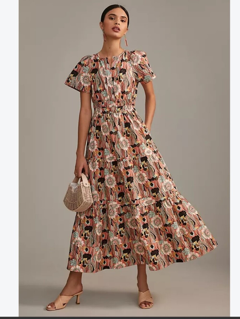 Floral Tiered Midi Dress in Peach Multi - Unbranded